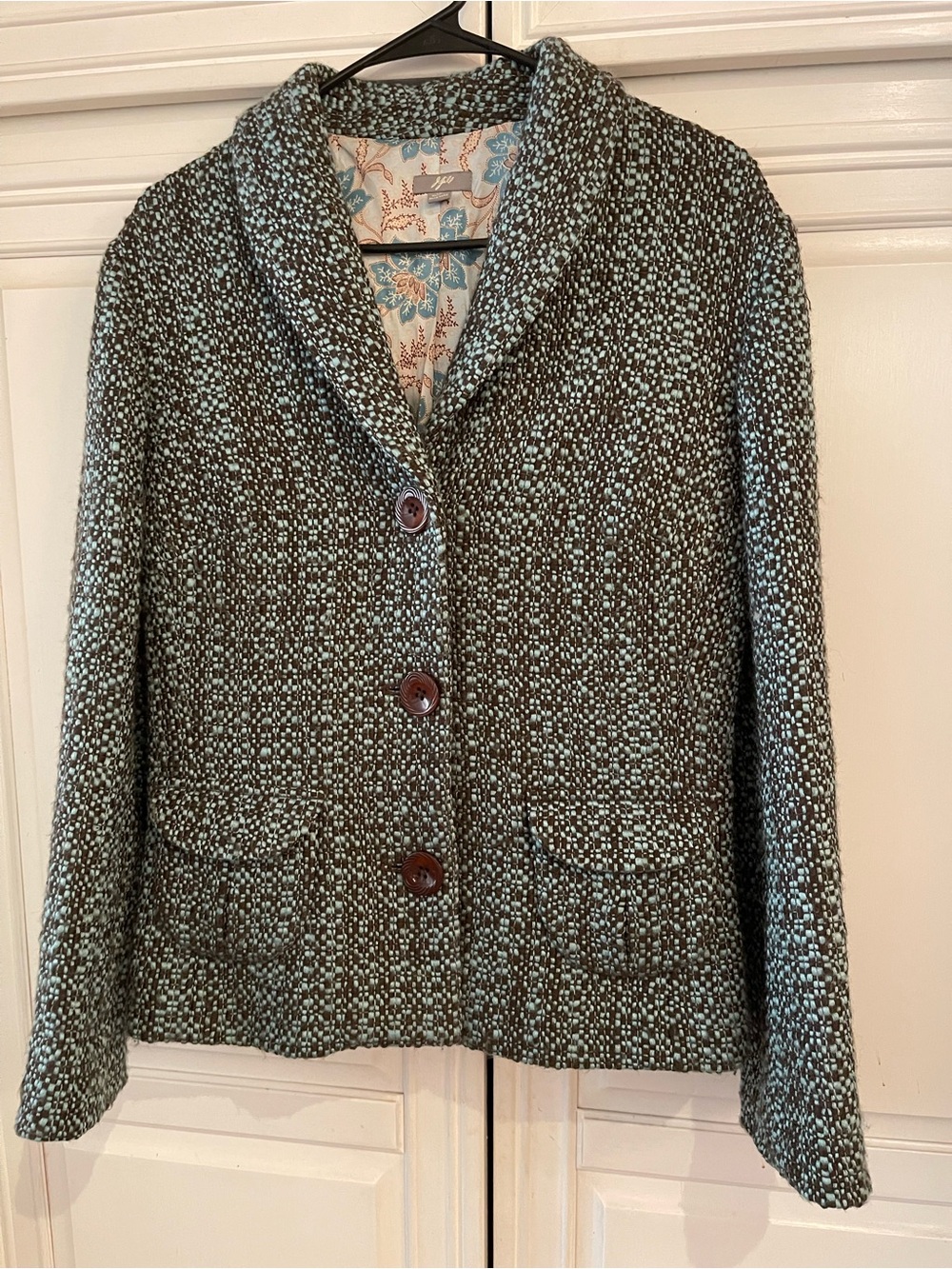 J Jill Wool-Blend Shawl Collar Tweed Jacket - Mint & Black